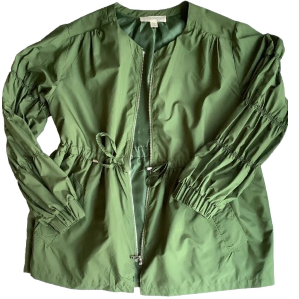 Luna Moon Jacket Puff Sleeve Peplum Windbreaker, Emerald Green. Medium.